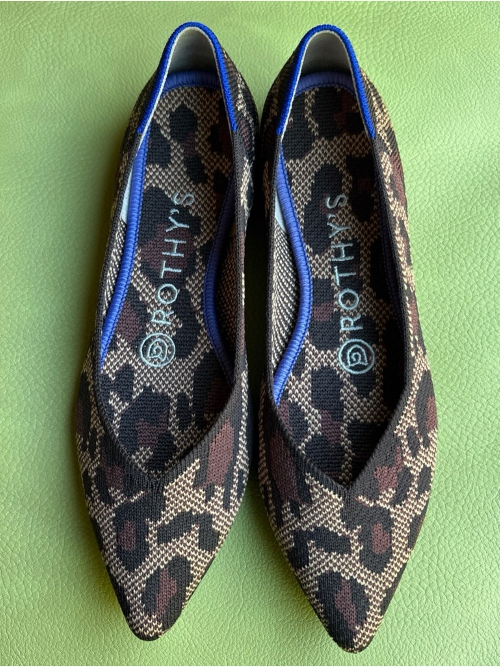 Rothy's Leopard Print Pointed Toe Flats with Blue Trim